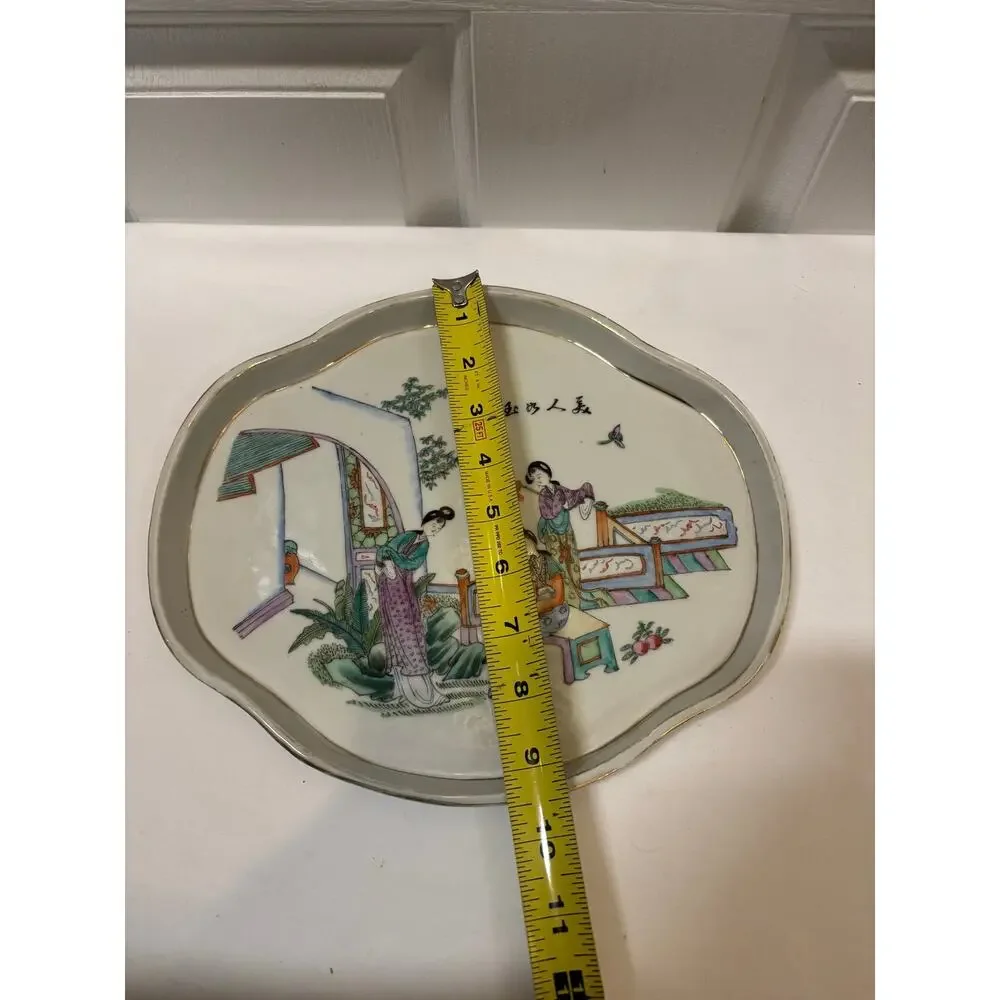 Vintage Chinese Famille Rose Porcelain Scalloped Tray Plate Gold Rim Decor